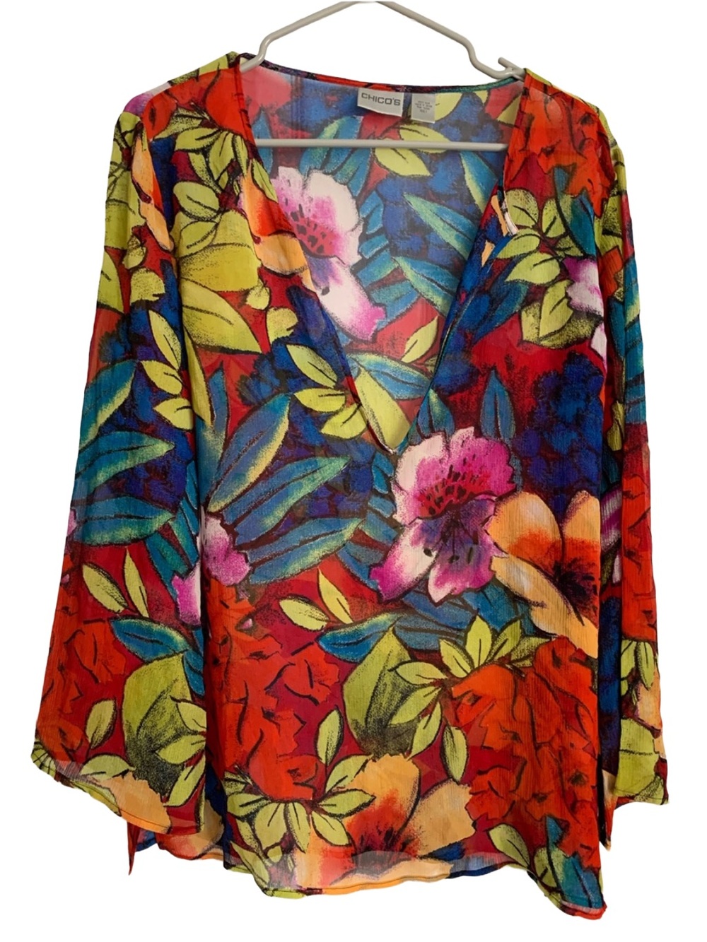 CHICOS Women’s Sheer Silk Deep Split V-neck Colorful Floral Print Blouse